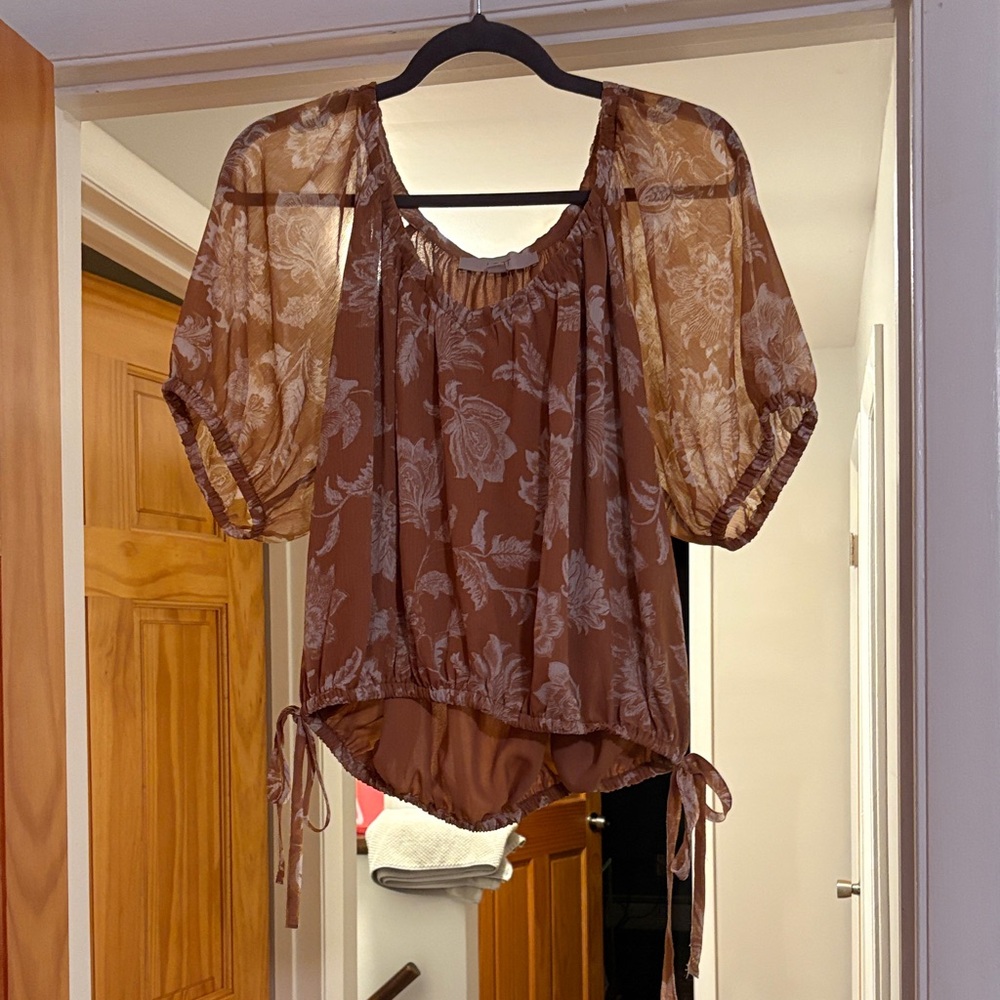 LOFT Brown Floral Blouse with Puff Sleeves